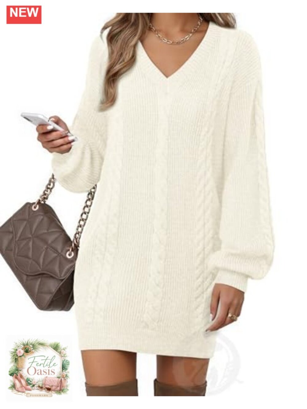 V-Neck Lantern Sleeve Knit Mini Sweater Dress Pullover